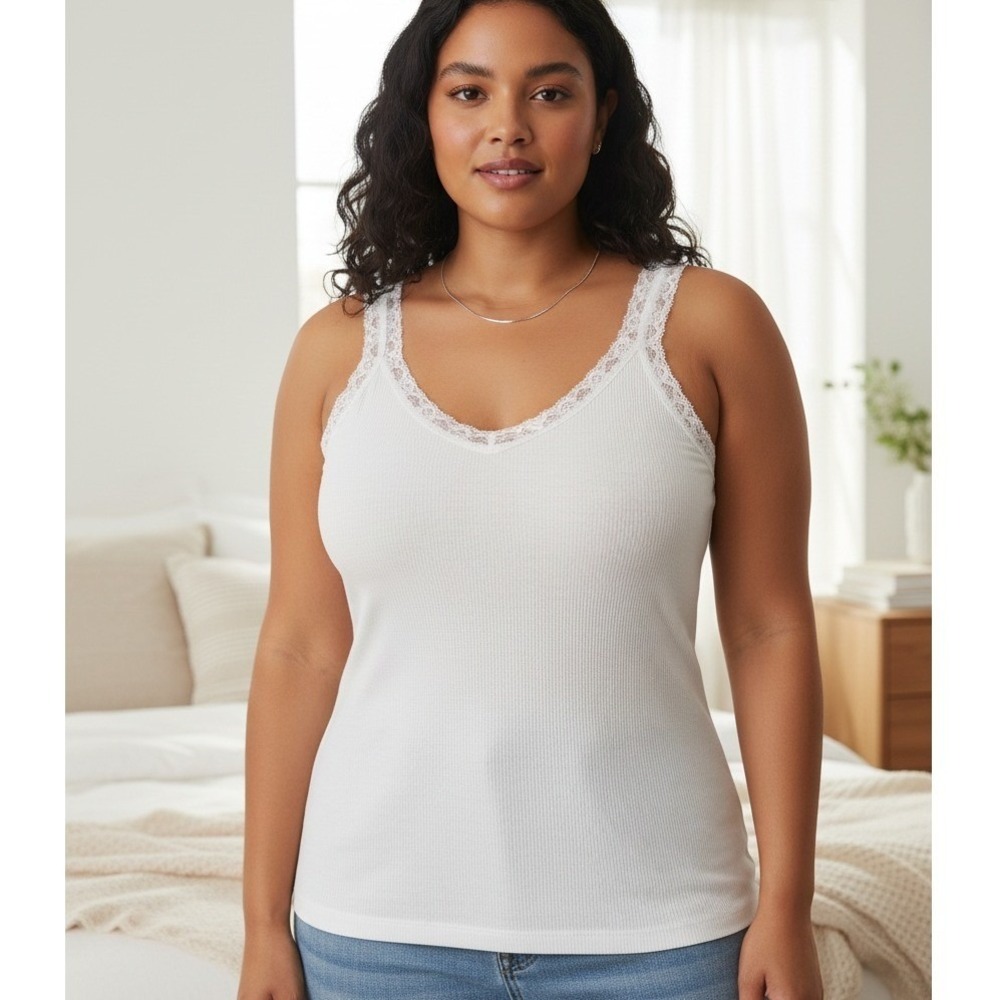 Vavonne V Neck Ribbed Lace Trim Sleeveless Camisole Womens Plus 3XL White Cotton